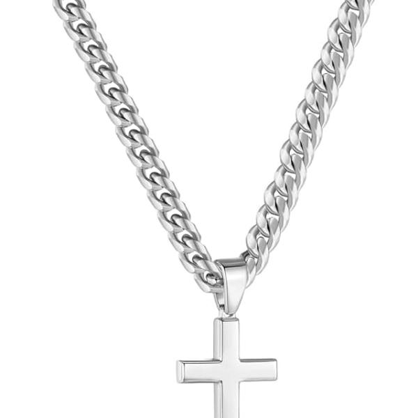 Simple Cross Necklace for Men Women with 18-26 Inch Chunky Cuban Chain, Durable Stainless Steel