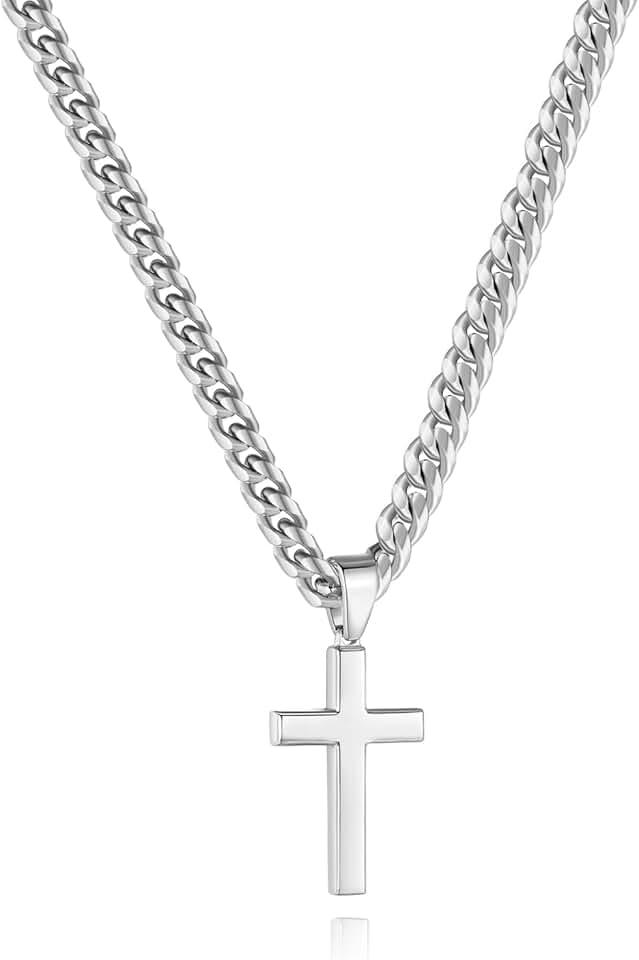 Simple Cross Necklace for Men Women with 18-26 Inch Chunky Cuban Chain, Durable Stainless Steel