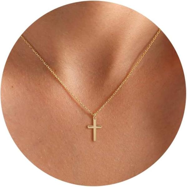 HANLI Cross Necklace for Women, 14k Gold/Silver Plated Dainty Simple Tiny Cross Necklace Cubic