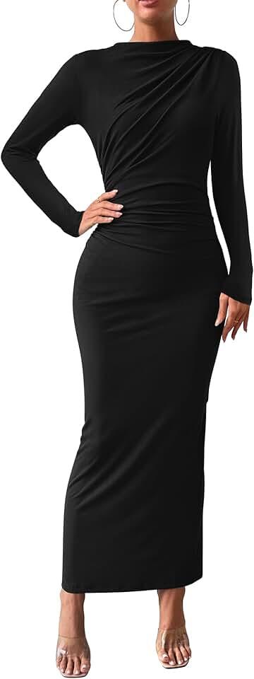 Women Bodycon Maxi Dress Long Sleeve Back Slit Ruched Elegant Party Cocktail Formal Fall Wedding Guest Dresses