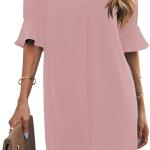 Shift Dress for Women V Neck Short Sleeves Solid Color Casual Flowy Summer Dresses(S-2XL)