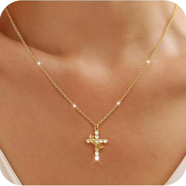 Cross Necklace for Women, Dainty 14k Gold Plated/Silver Cross Crown Cubic Zirconia Pendant Necklace