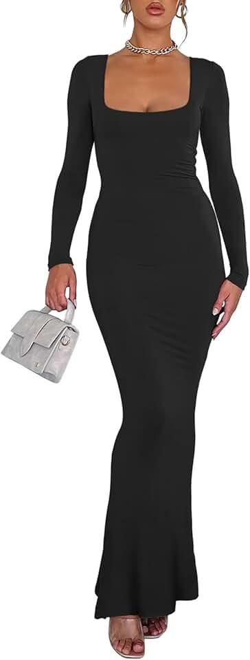 Women's Sexy Long Sleeve Bodycon Maxi Dresses Fall Lounge Elegant Scoop Neck Ribbed Long Dress