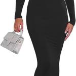 Women's Sexy Long Sleeve Bodycon Maxi Dresses Fall Lounge Elegant Scoop Neck Ribbed Long Dress