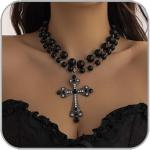 Gothic Cross Necklace Layered Pearl Beads Cross Pendant Necklaces Punk Vintage Cross Chain Necklace