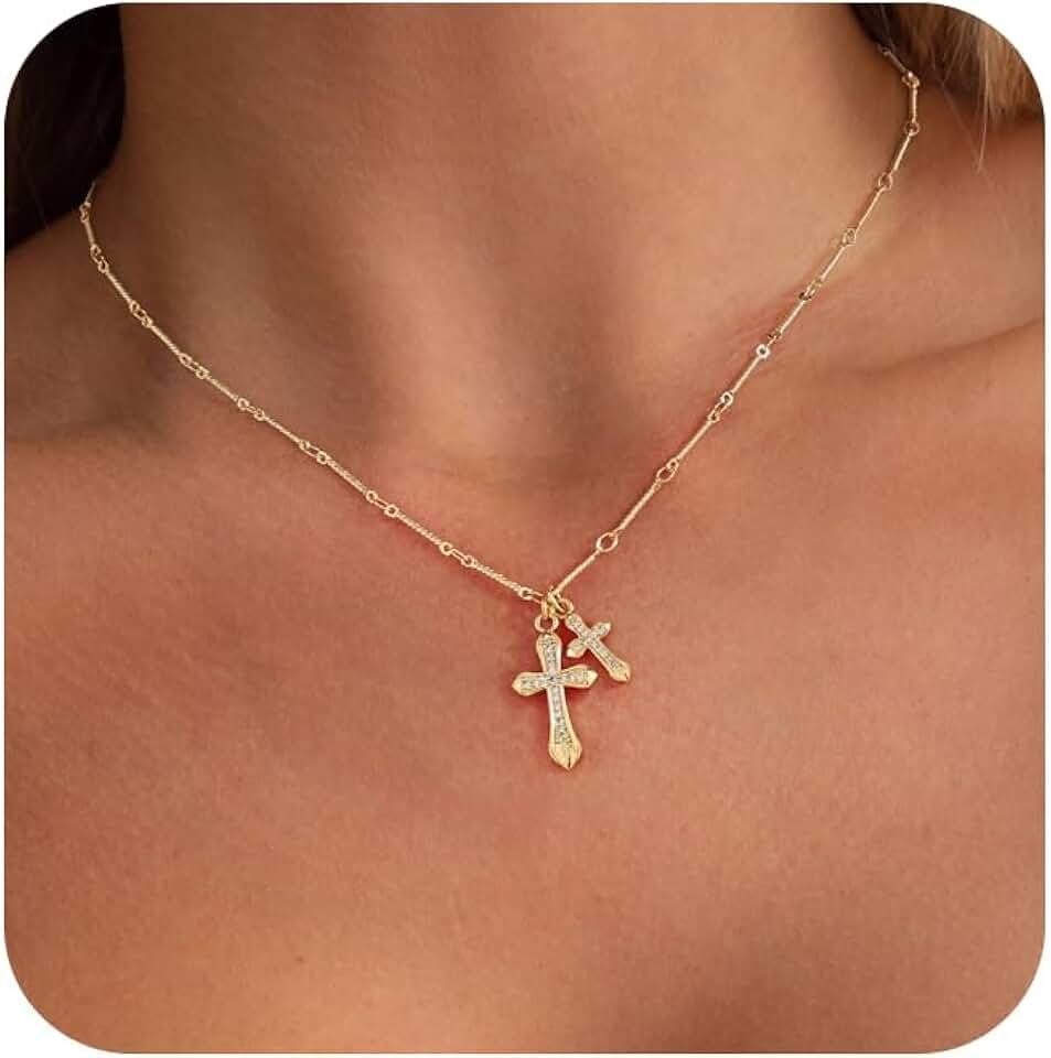 Cross Necklace for Women，Dainty Gold Necklace 14k Gold Plated Small Cross Pendant Necklace Simple