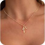 Cross Necklace for Women，Dainty Gold Necklace 14k Gold Plated Small Cross Pendant Necklace Simple