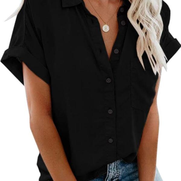 APRAW Womens Casual Short Sleeve Button Down Shirts Summer Cotton Plain Top Blouses with Pockets