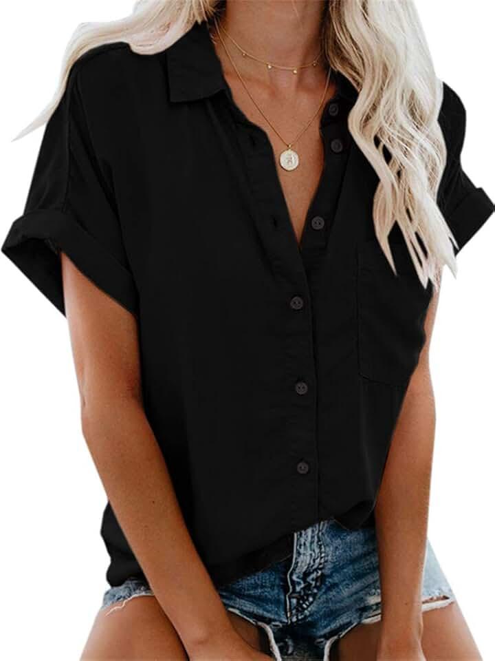 APRAW Womens Casual Short Sleeve Button Down Shirts Summer Cotton Plain Top Blouses with Pockets