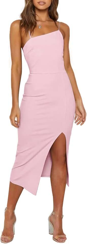 Women's Spaghetti Straps Split Hem Sleeveless Zipper Bodycon Midi Dress