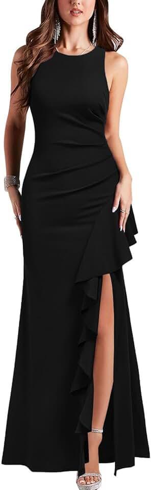 Women's Scoop Neck Sleeveless Split Bodycon Mermaid Evening Cocktail Long Dress