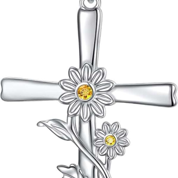 Daisy Cross Necklace, 925 Sterling Silver Cross Necklace Dainty White Daisy Flower Pendant Necklace