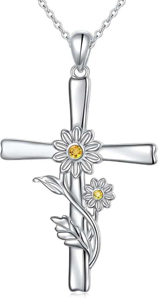 Daisy Cross Necklace, 925 Sterling Silver Cross Necklace Dainty White Daisy Flower Pendant Necklace