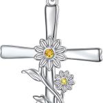 Daisy Cross Necklace, 925 Sterling Silver Cross Necklace Dainty White Daisy Flower Pendant Necklace