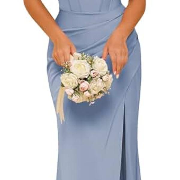 Off Shoulder Satin Bridesmaid Dresses Long Mermaid Corset Prom Dress for Women Formal Gown with Slit