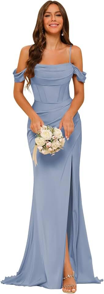 Off Shoulder Satin Bridesmaid Dresses Long Mermaid Corset Prom Dress for Women Formal Gown with Slit