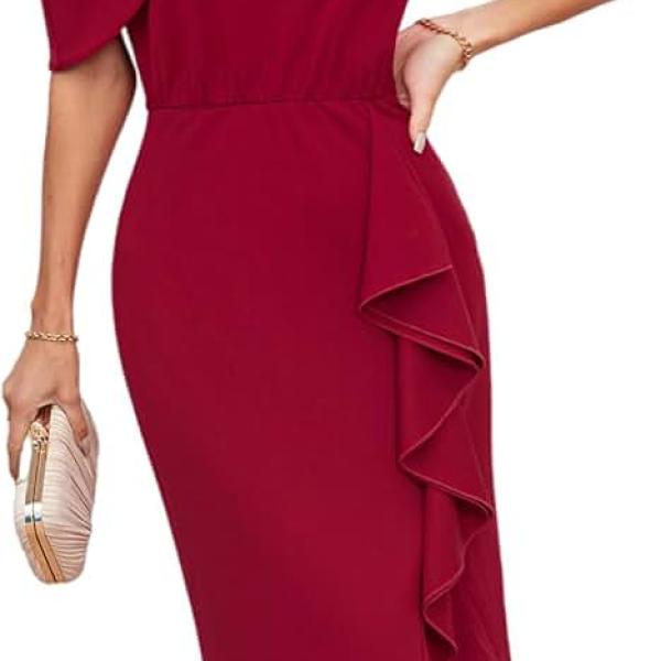 One Shoulder Dresses for Women Ruffle Slit Bodycon Midi Dress Wedding Guest Cocktail Party Dress