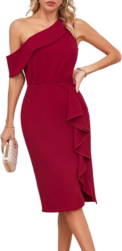 One Shoulder Dresses for Women Ruffle Slit Bodycon Midi Dress Wedding Guest Cocktail Party Dress