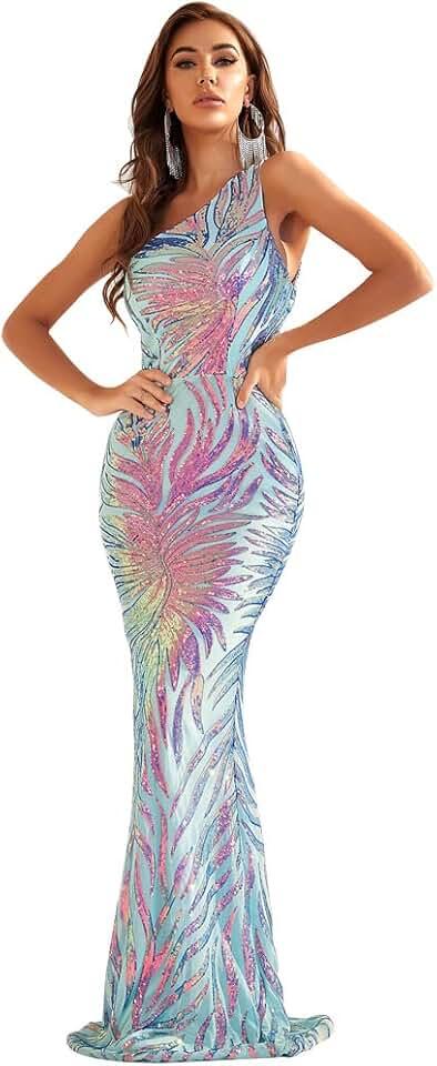 Women's One Shoulder Holographic Sequin Dresses Evening Gown Formal Prom Maxi Dress