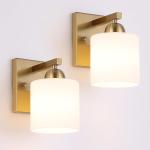 Stainless Steel Milk Glass Wall Sconces, 1 Light Brushed Gold Bathroom Light Fixtures with Frosted