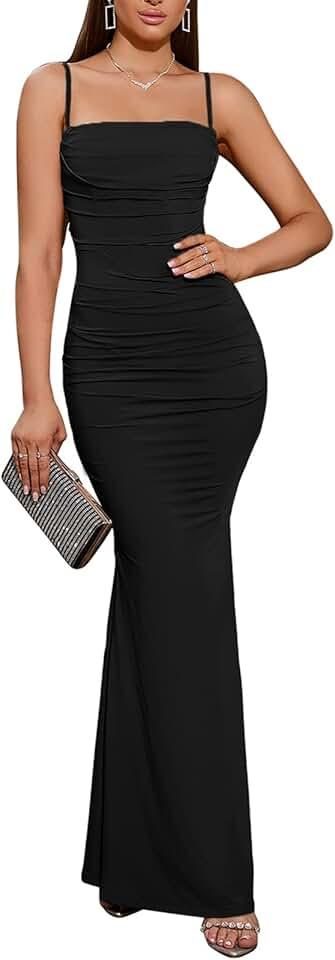 Women's Sleeveless Bodycon Corset Maxi Dress Spaghetti Strap Ruched Elegant Evening Party Long Dresses