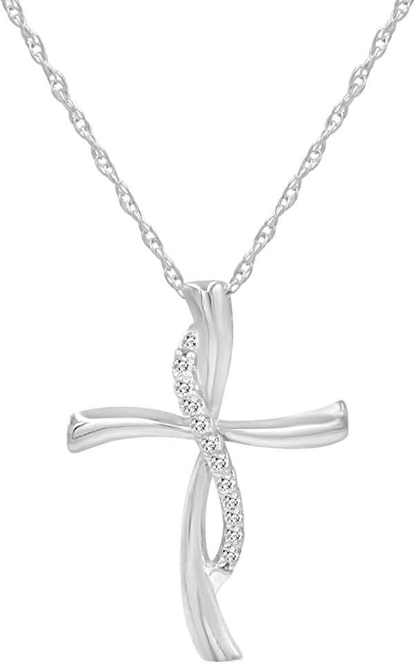 Amanda Rose Collection Sterling Silver 1/10 Carat TW Real Diamond Cross Pendant Necklace for Woman