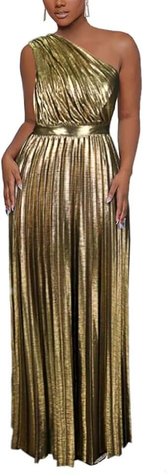 Women's Luxury Metallic One Shoulder Sleeveless Elegant Pleated Long Dress