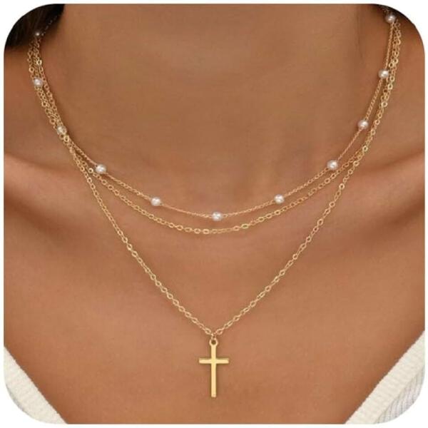 Pearl Layered Necklaces for Women, 14K Dainty Gold Necklace Pearl Cross Necklace Layering Chain