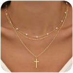 Pearl Layered Necklaces for Women, 14K Dainty Gold Necklace Pearl Cross Necklace Layering Chain