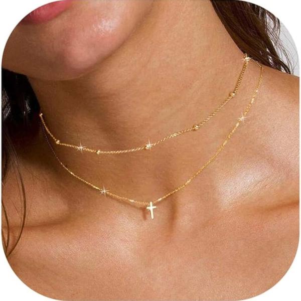 14K Gold Layered Cross Necklaces for Women,Tiny Small Sideways Cross Necklace Minimalist Christian