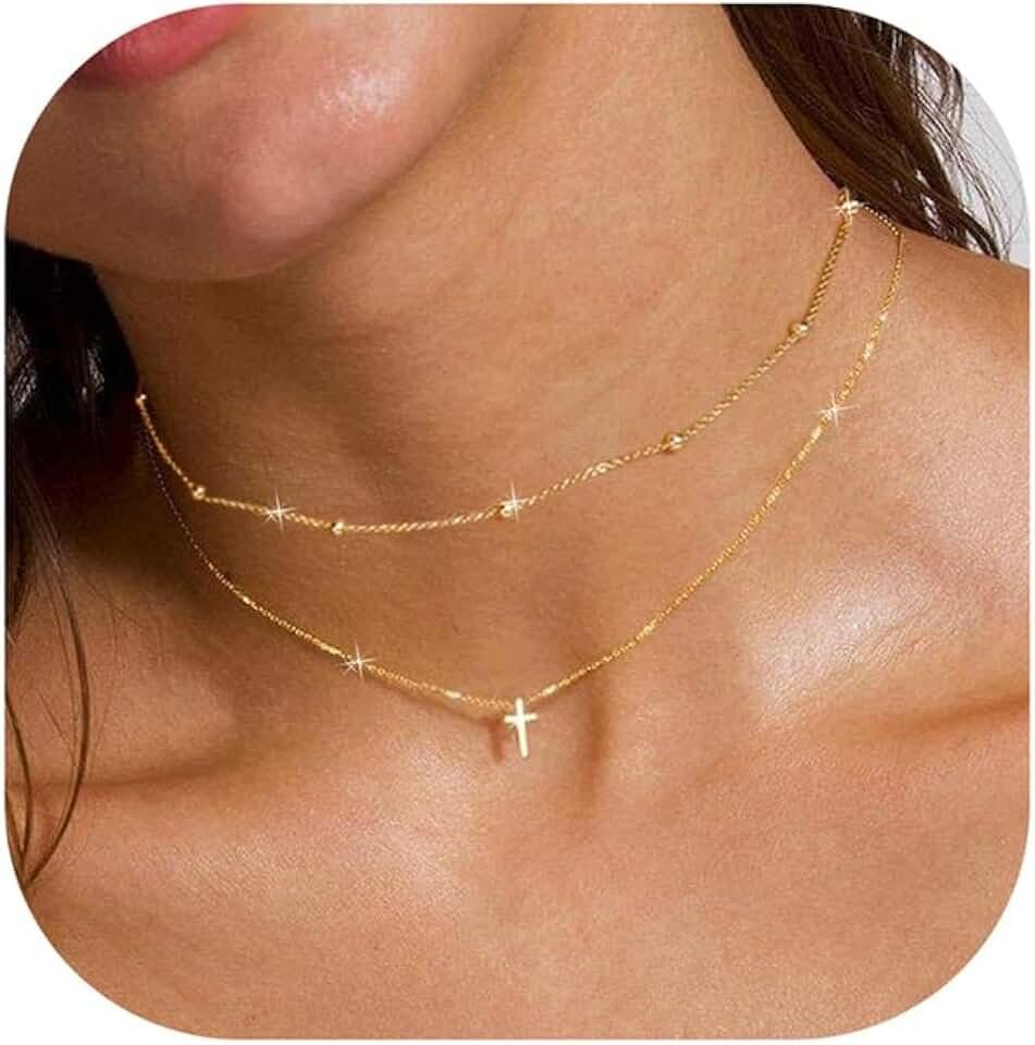 14K Gold Layered Cross Necklaces for Women,Tiny Small Sideways Cross Necklace Minimalist Christian