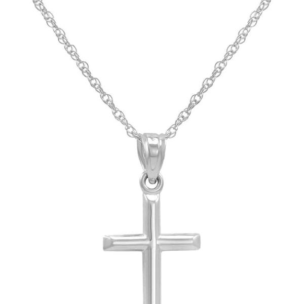 Amanda Rose Collection 14K White Gold Petite Cross Pendant Necklace on a 14K White Gold Chain (18