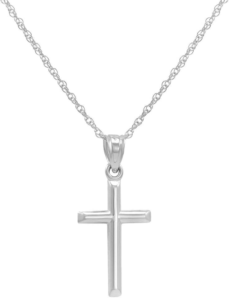 Amanda Rose Collection 14K White Gold Petite Cross Pendant Necklace on a 14K White Gold Chain (18