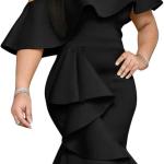 Women's Elegant Off The Sholder Back Zipper Ruffles Bodycon Midi Cocktail Dress