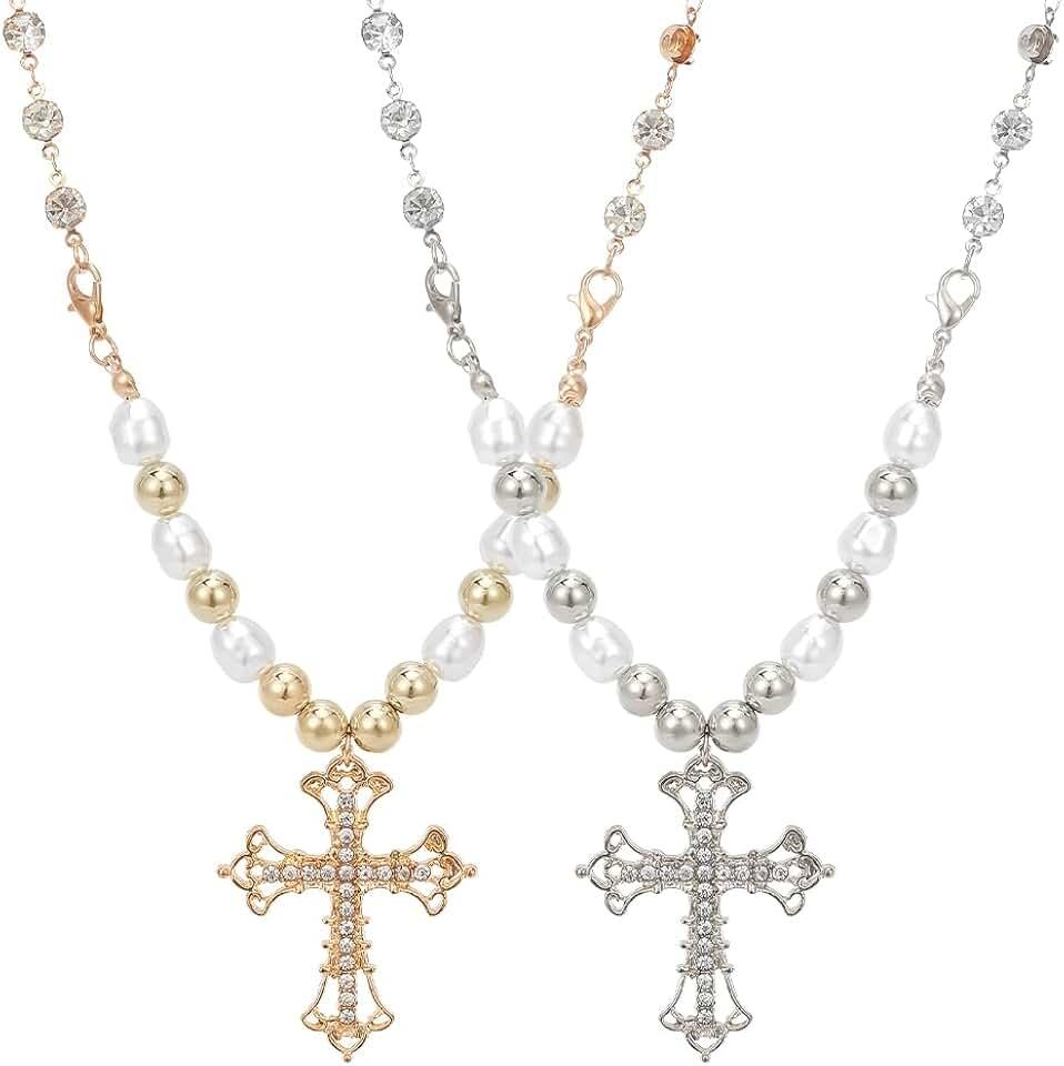 2 Pcs Pearl Cross Vintage Necklaces for Women Crystal Cross Necklace Gold Silver Big Y2k Pearl