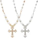 2 Pcs Pearl Cross Vintage Necklaces for Women Crystal Cross Necklace Gold Silver Big Y2k Pearl