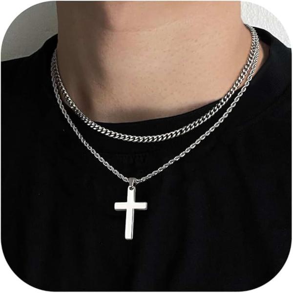 SAILIMUE Cross Necklace for Men - Layered Cross Chain Stainless Steel Crucifix Pendant Gold Black