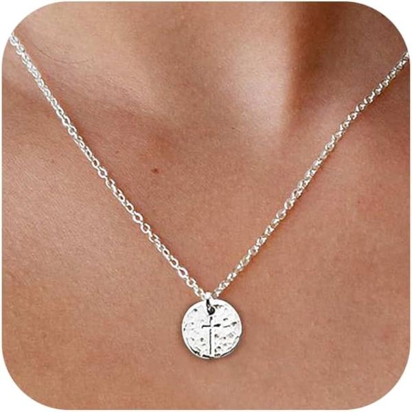 Cross Necklace for Women Silver Dainty Small Hammered Coin Cross Pendant Necklace Everyday Simple