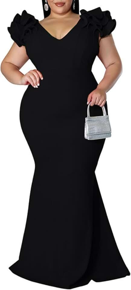 Women's Plus Size Maxi Dress Elegant V-Neck Ruffle Sleeves Bodycon Mermaid Dresses Evening Gown