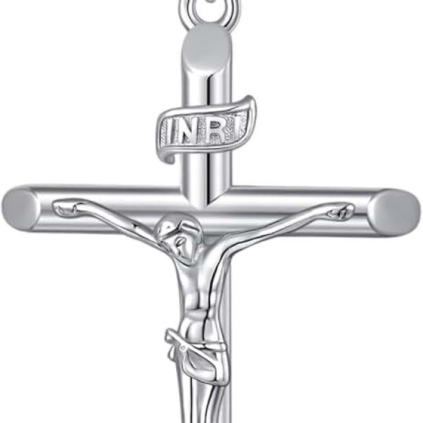 Sterling Silver Cross Crucifix Necklace with 925 Silver Chain, White Gold Plated Crucifix Cross