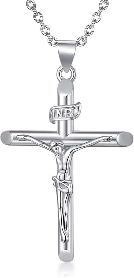 Sterling Silver Cross Crucifix Necklace with 925 Silver Chain, White Gold Plated Crucifix Cross