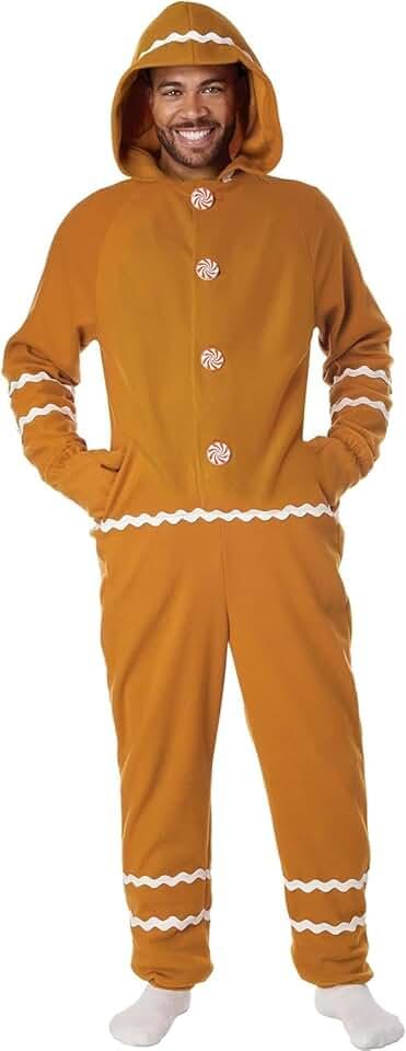 Adult Gingerbread Man Costume, Long Sleeve Hooded Patchwork Jumpsuit Theme Party Cosplay Costume