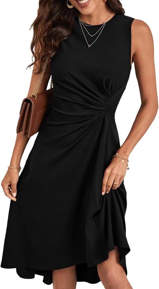 Women's Summer Sleeveless Ruched Waist Flowy A Line High Low Midi Cocktail Party Dress