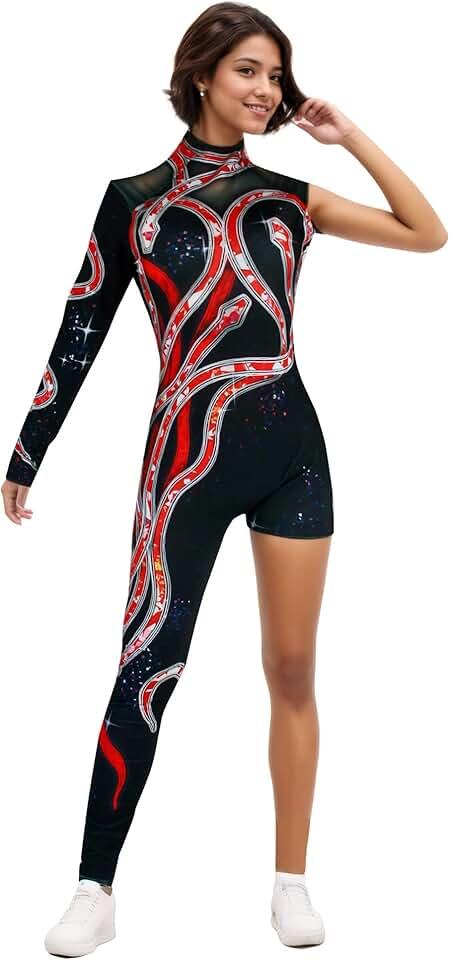 Red Snake Sparkly Reputation Outfits for Women Rep Bodysuit Costume Halloween One-Legged Jumpsuit