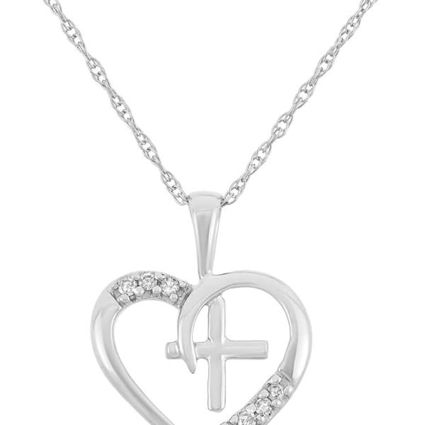 0.04 cttw 10kt White Gold Diamond Heart with Cross Necklace for Women Girlfriend Wife Birthday