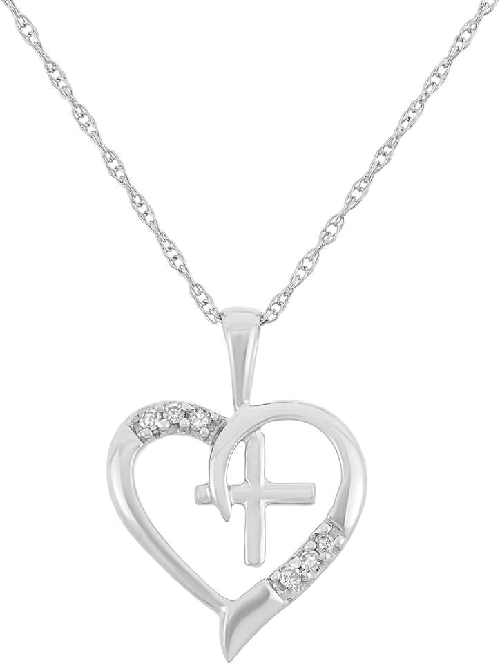 0.04 cttw 10kt White Gold Diamond Heart with Cross Necklace for Women Girlfriend Wife Birthday