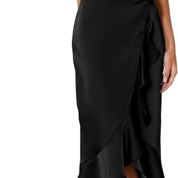 Womens 2024 Summer Satin Mock Neck Party Cocktail Midi Dress Sleeveless Wrap Ruffle Mermaid Hem Formal Dresses