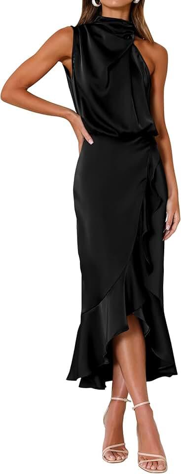 Womens 2024 Summer Satin Mock Neck Party Cocktail Midi Dress Sleeveless Wrap Ruffle Mermaid Hem Formal Dresses