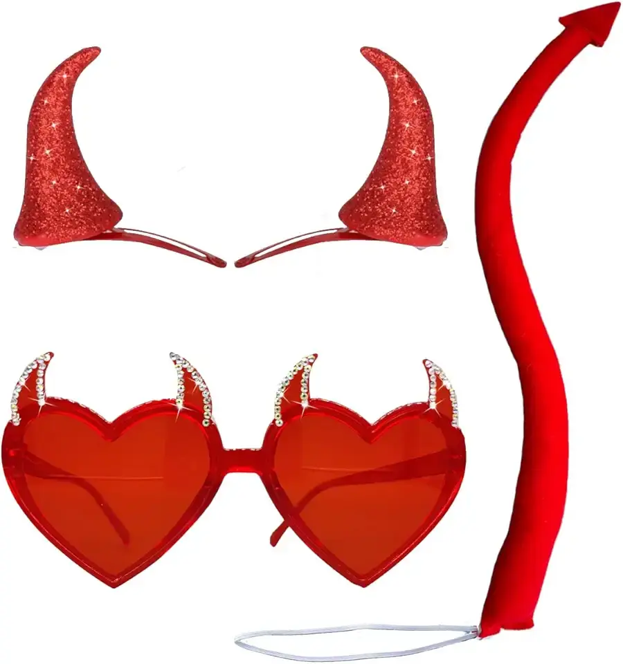 Devil Horns Accessories Set Devil Tail Glasses Demon Horn Clips for Halloween Costume Cosplay Party