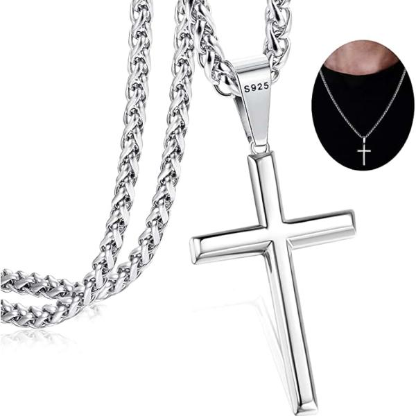 IRONBOX 925 Sterling Silver Cross Necklace for Men Women with 3MM Stainless Steel Strong Durable